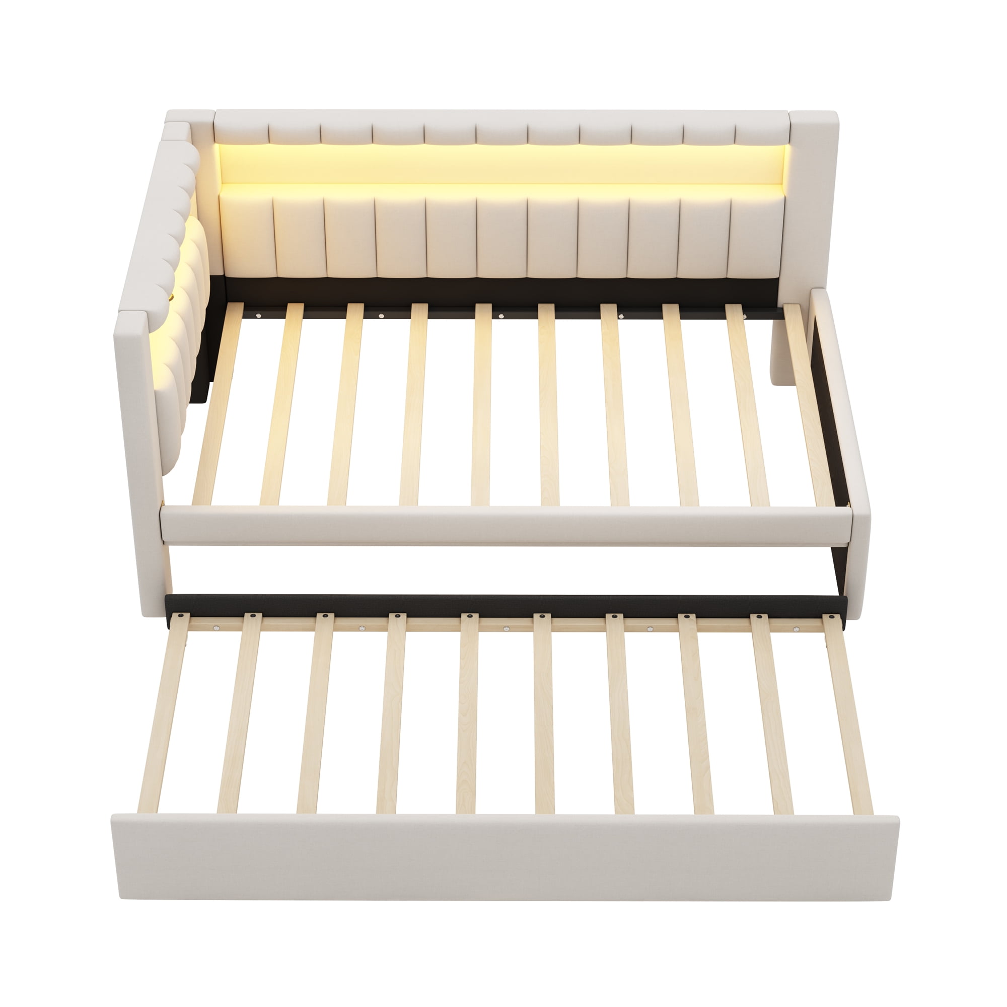 Euroco Upholstered Twin Size Daybed with Trundle, USB Charging Station and LED Light, White