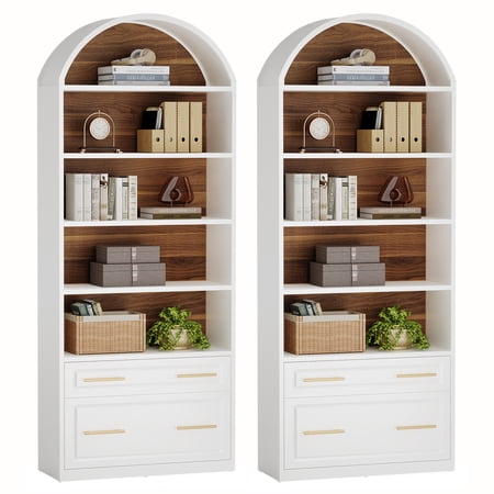 Finmind 77" Tall Arched Bookcase Set of 2, 5-Tier Modern White Bookshelf with File Cabinet Drawer