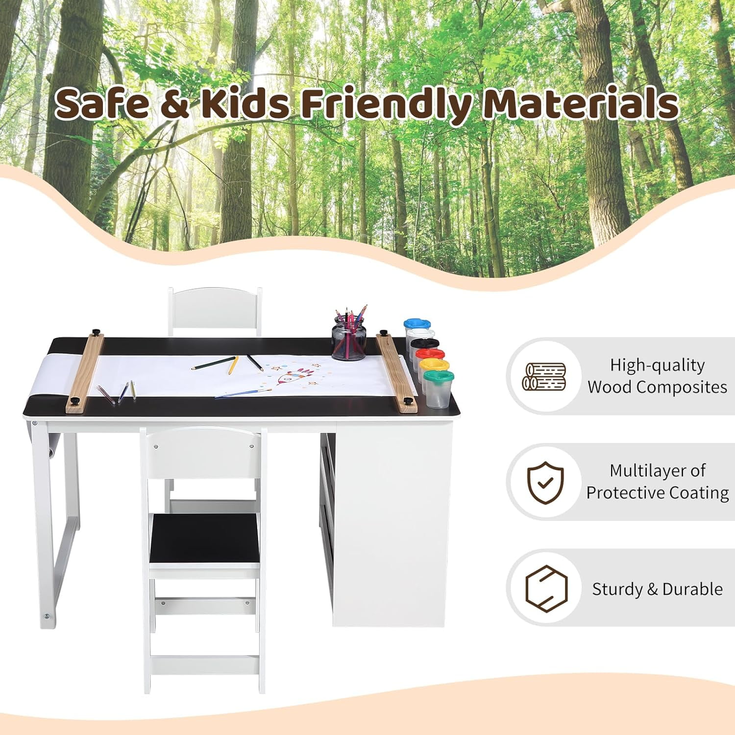 4 In 1 Kids Art Table and Chair Set,Toddler Craft Large Storage Desk With Portable Art Supply Organizer, Drawing Desk, Kids Activity and Study Table, Activity & Crafts for Children Wooden Furniture