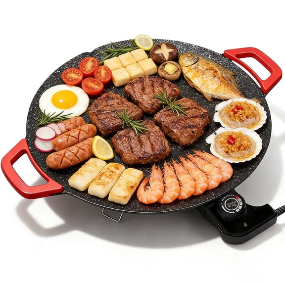Electric Indoor Grill, 14 inch Nonstick Smokeless Round Griddle with Temperature Control for Kitchen BBQ Steak Pancakes