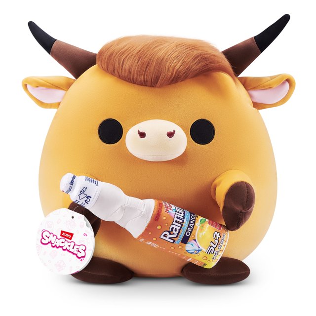 Snackles Licensed Series 3 14-inch Plush (ROBBIE) by ZURU, a round plush toy of a Highland cow with light brown soft fabric, dark brown horns and hooves, holding a plush orange Ramune soda bottle, featuring embroidered black eyes and beige snout, ideal as a collectible stuffed animal toy for cuddling.