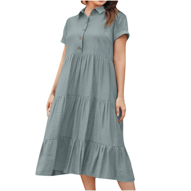 QIPOPIQ Robes pour Femmes Longue Robe Fluide à Volants Manches Courtes Robes Décontractées Tendance Robe d'Été Sexy Col Rond Robe Unie à Boutons Offres 2023