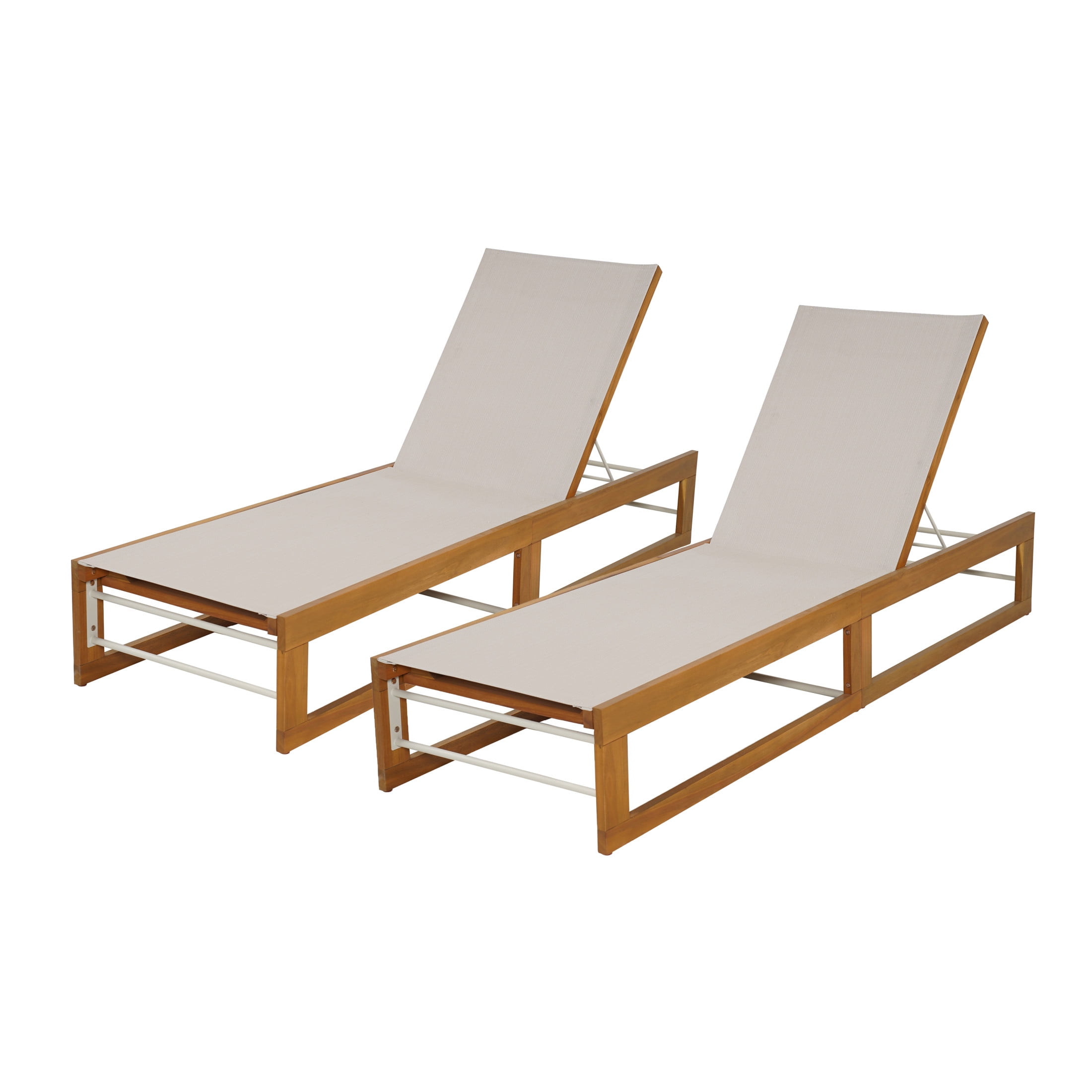 Christopher Knight Home 78.75" Outdoor Chaise Lounge, Teak Finish Wood Frame with Beige Mesh Seating, Set of 2
