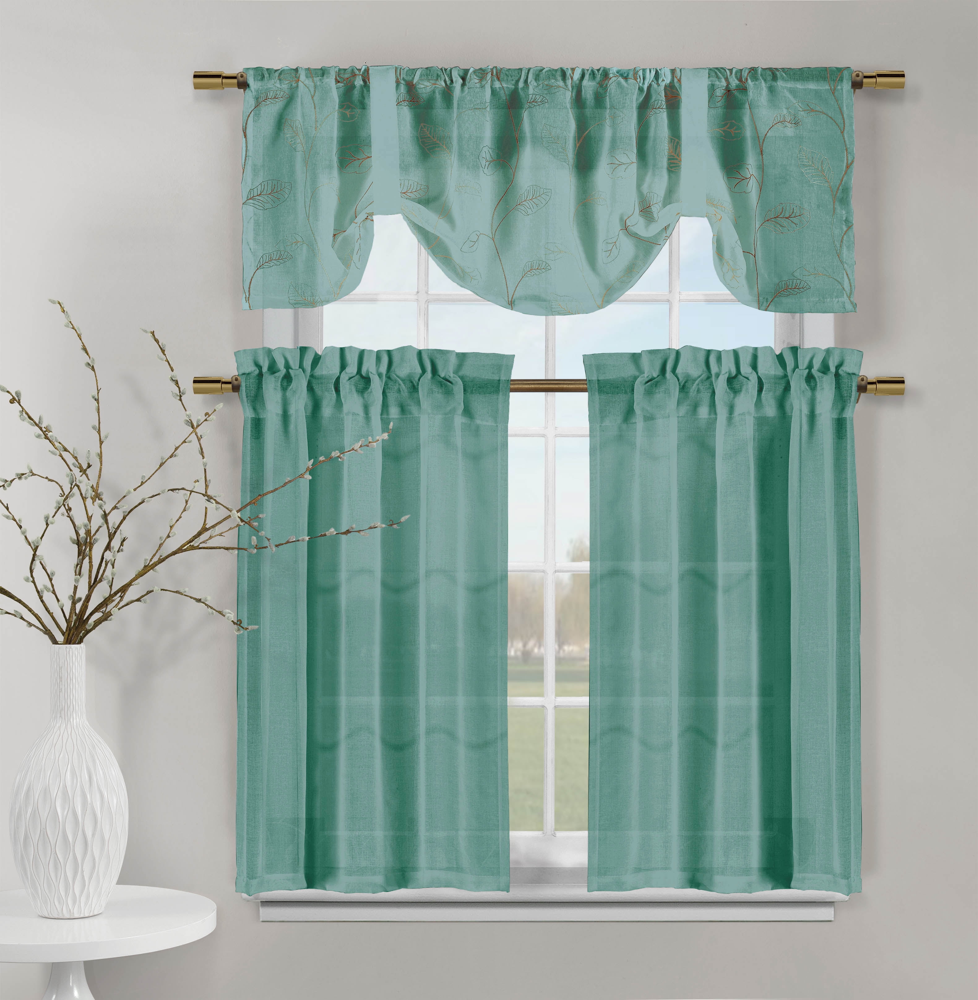 Teal 3 Piece Set of Embroidered Kitchen Window Panels: Sheer, Rod ...