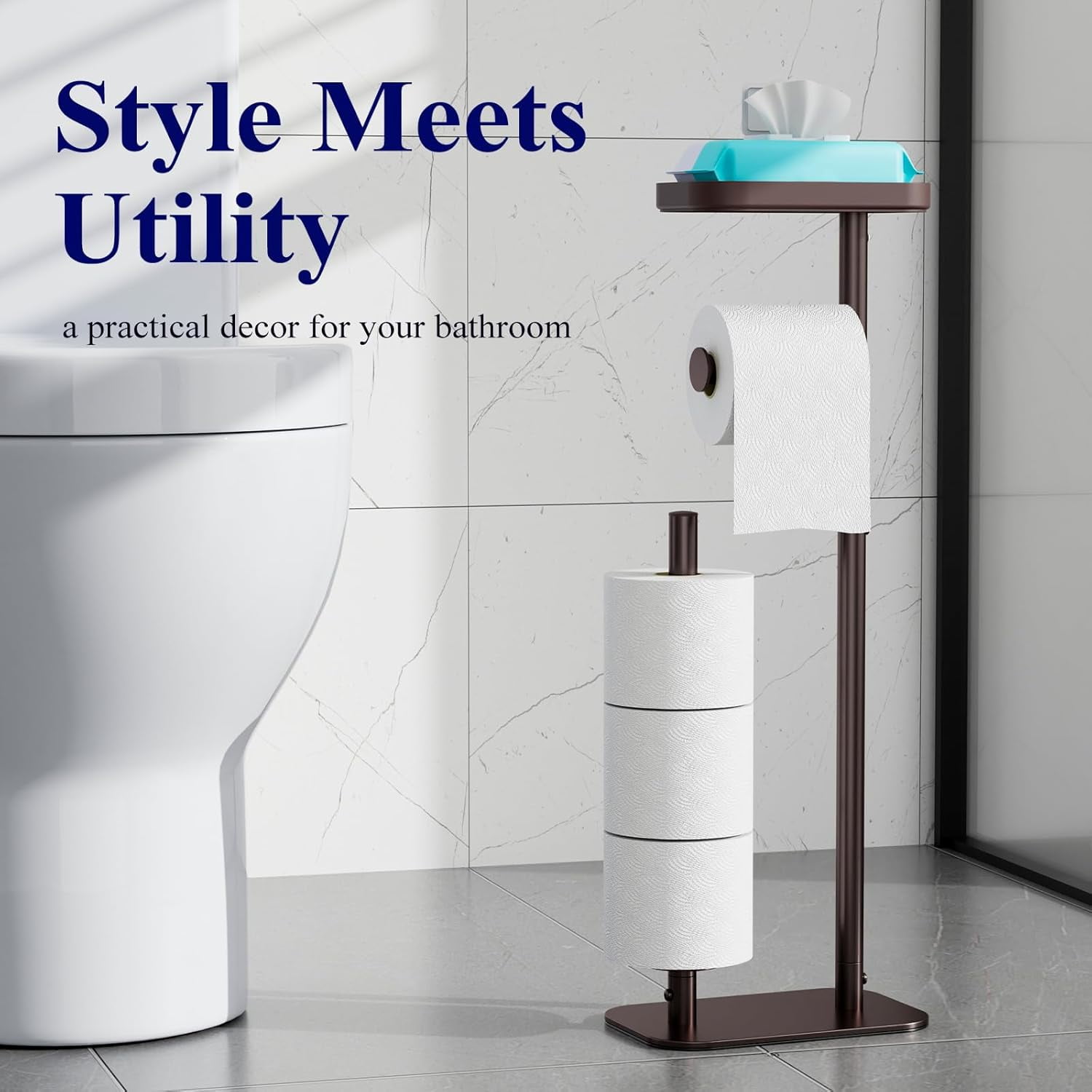 Toilet Paper Holder Free Standing – Rustproof Metal Toilet Paper Stand for 4 Rolls with Anti-Slip Base and Shelf for Phone & Small Items, Bathroom Organizers and Storage, Medium