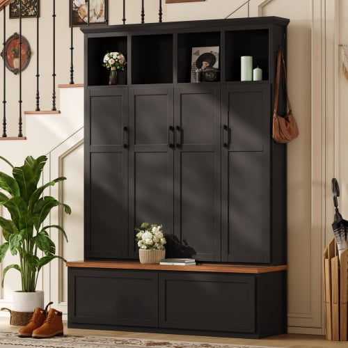 74.8" Modern Farmhouse Hall Tree with 4 Hidden Cabinets, 6 Hooks, Storage Drawers and Bench, Entryway Coat Rack Organizer, Black
