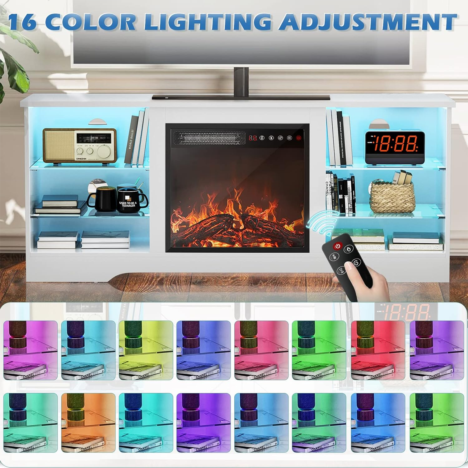 Waleaf Fireplace TV Stand with 18'' Fireplace for TVs up to 65 inch, Two Adjustable Glass Shelves Modern Entertainment Center for Living Room with LED Light