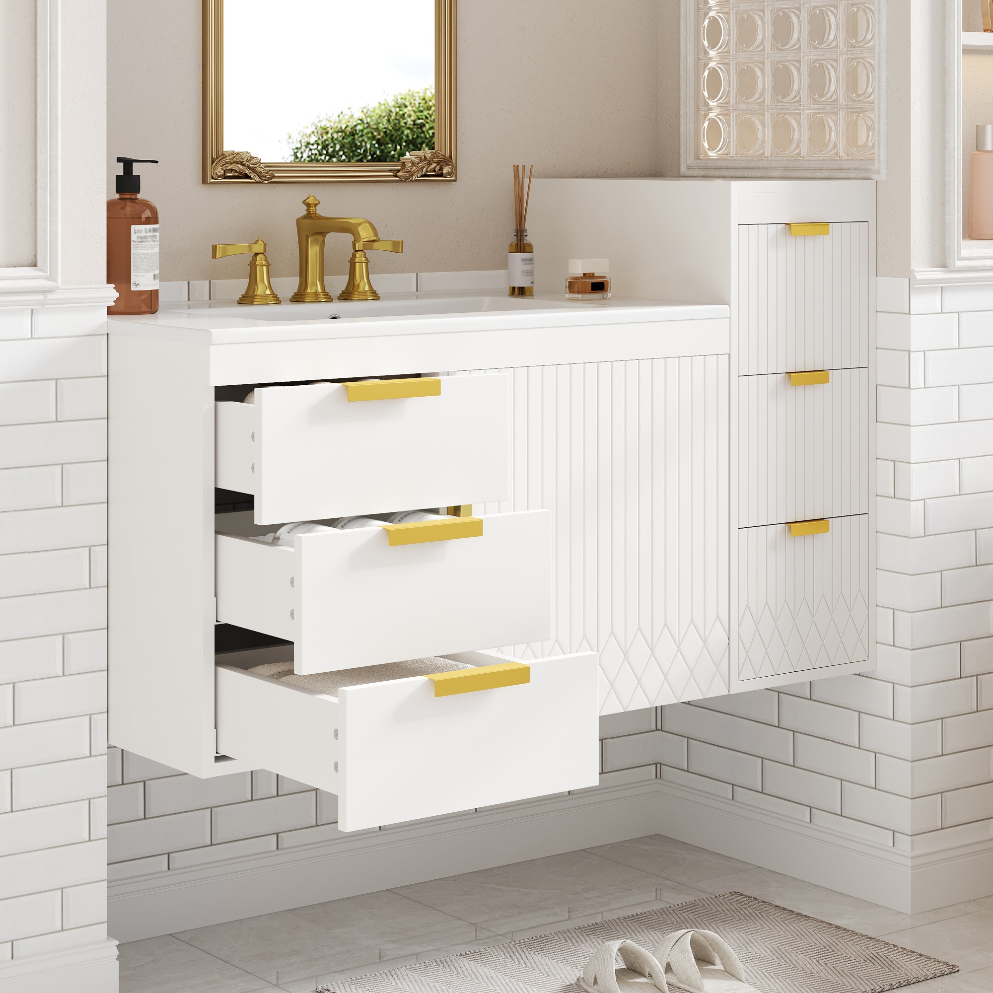 Euroco 30" Wall Mounted Bathroom Cabinet with Side Cabinet Combo, Bathroom Cabinet with Soft-Closing Door and Drawers, Modern Bathroom Vanity with Sink