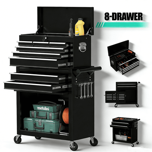 Seizeen 2-IN-1 Tool Chest & Cabinet, Large Capacity 8-Drawer Rolling Tool Box Organizer with Wheels Lockable, Black
