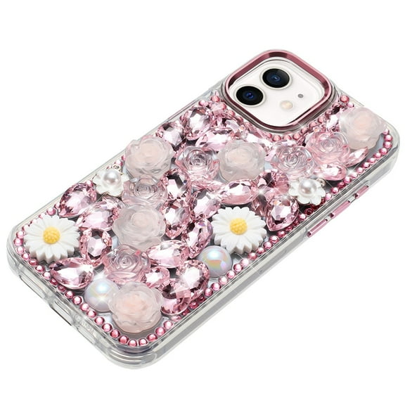 For Apple iPhone 15 Case, Fashion Daisy Floral Series, Full 3D Bling Crystal Diamonds Sparkling Rhinestone Glitter Hybrid Design Phone Cover (Pink)