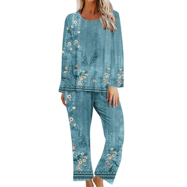 KIHOUT Pyjamas pour Femmes Imprimé Col Rond Manches Courtes Chemise de Nuit et Pantalons Ensembles Vêtements de Détente Pyjamas avec Poches