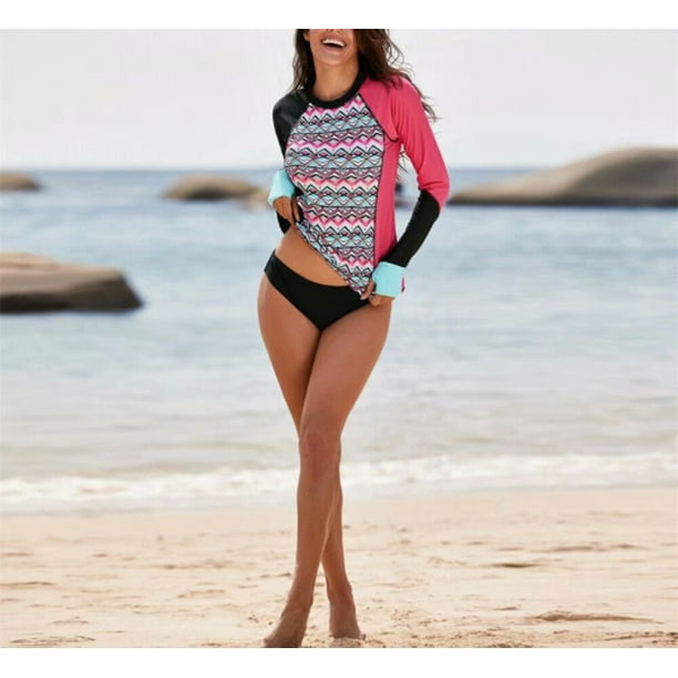 Ablegrid Women Long Sleeve Floral Printed Quick Dry Swimsuit Surfing