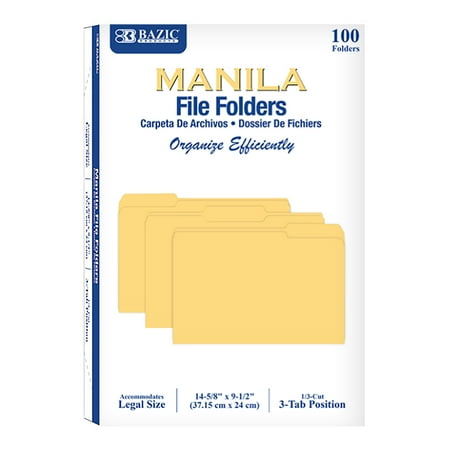 BAZIC Manila File Folder 1/3 Cut Legal Size 14 5/8 x 9 1/2 100-Count