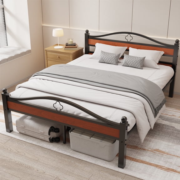 Queen Bed Frame Modern Walnut Platform - Hybrid Wood & Steel Construction, Easy Assembly Queen Size Bed Frame, No Box Spring Needed with 12" Underbed Storage Clearance