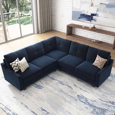 HONBAY Rivet Corner Sofa L-Shaped Sofa Couch Reversible 4-Seater Couch for Living Room and Apartment, Dark Blue