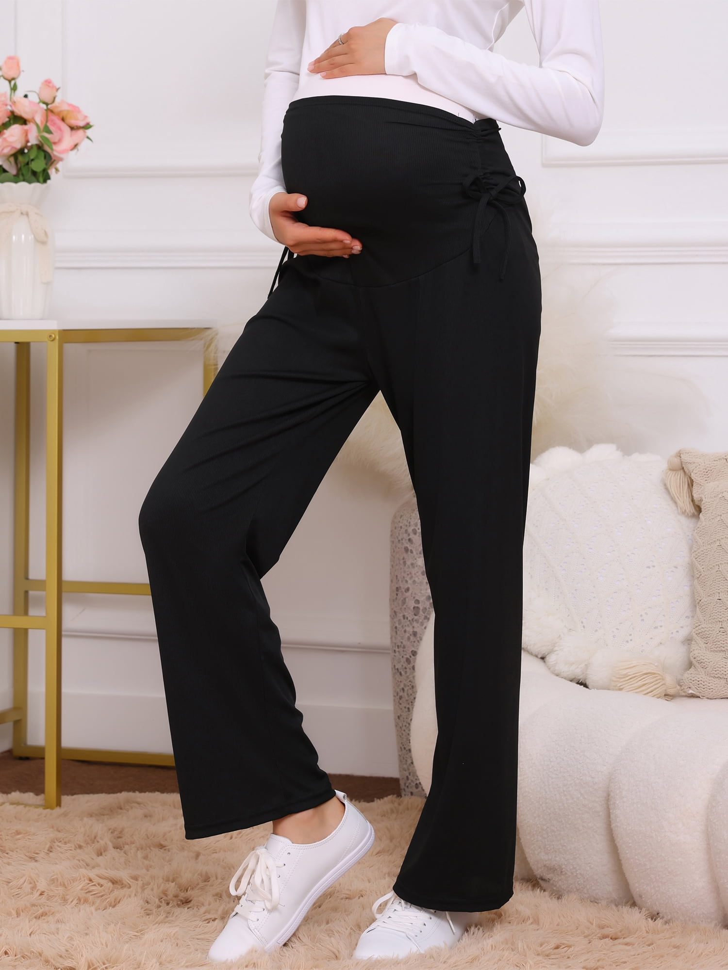 DARING DIVA Women's Maternity Palazzo Pants Over the Belly Wide Leg Trousers L Black
