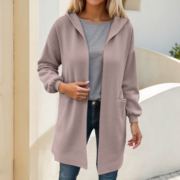 ZHOGXU Women's Hooded Cardigan With Pocket Long Sleeve Open Front Solid Color Knit Comfortable Loose Fit Coat Jacket For Casual Daily Wear Purple M