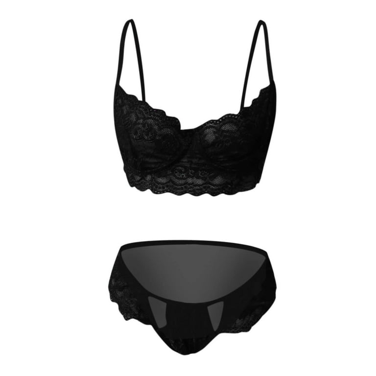 KaLI_store Bra and Panty Sets for Women Underwire Push Up Strappy  Embroidered Mesh Sheer Lingerie Set for Women Bra and Panty 2 Piece Black,L