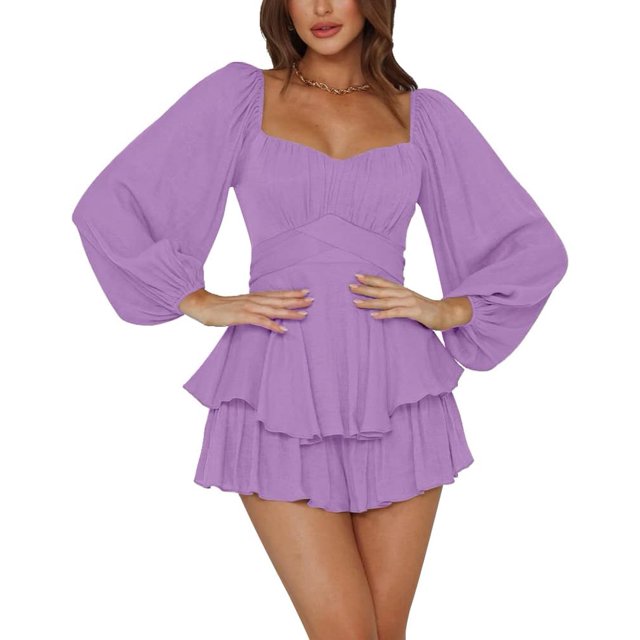 LYANER Women's Jumpsuit Lantern Long Sleeve Ruffle Layer Tie Mini Short Romper
