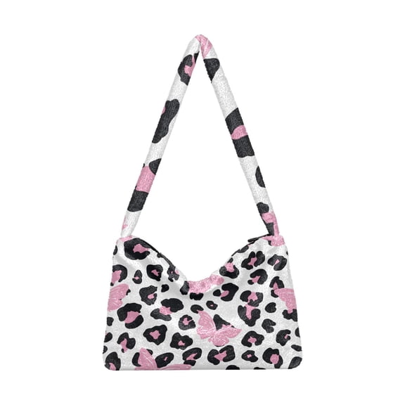 DIXRUYEE Leopard Butterfly Print Plush Shoulder Bag Soft Faux Fluffy Hobo Tote Bag With Zipper Closure Casual Lightweight Crossbody Handbag