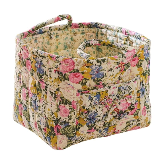 Quilted Fabric Storage Basket with Handles Boho Foldable Floral Organizer Bin for Home, Picnic, Shopping, Travel 13"x11"x10"