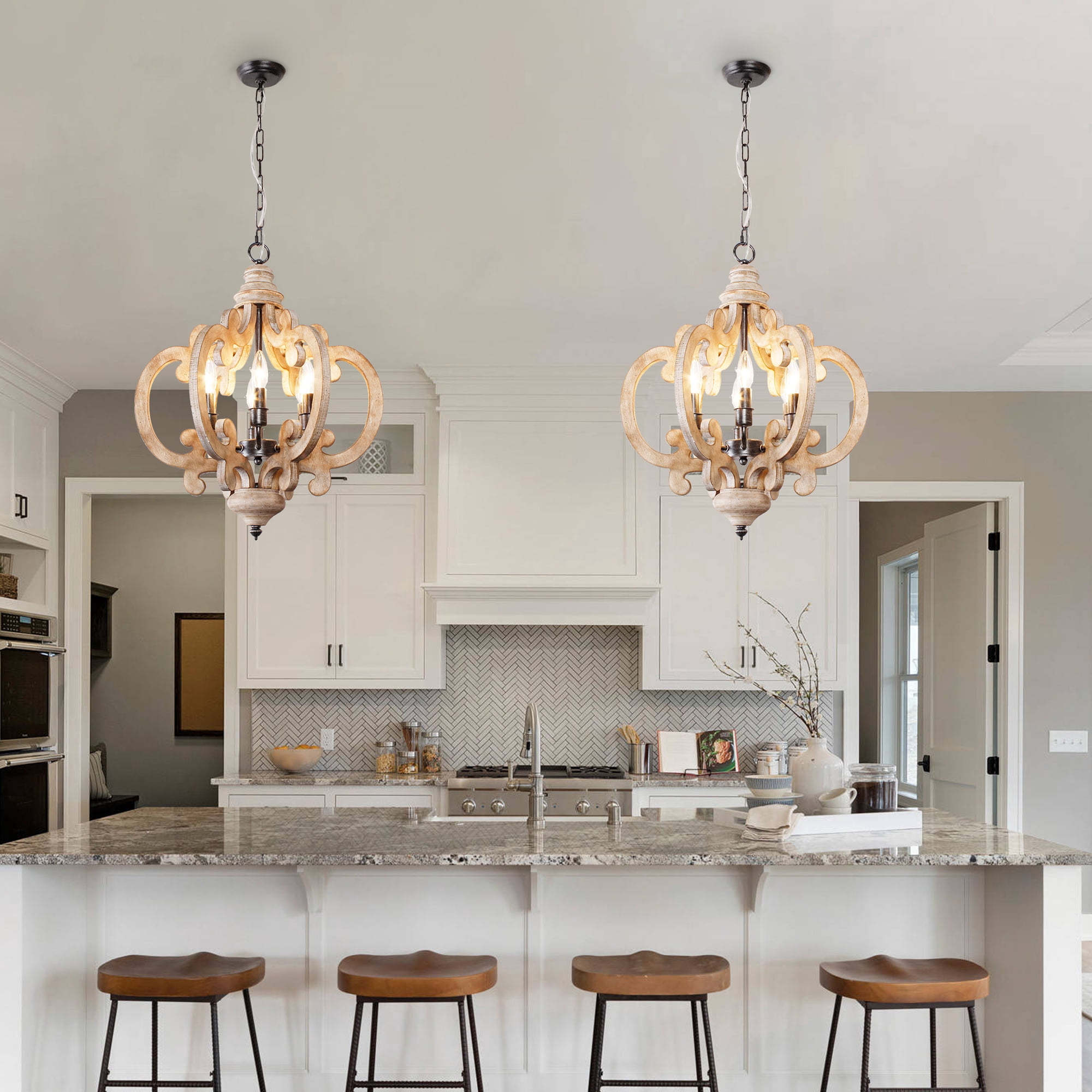 Cusp Barn Modern Farmhouse 6-Light Wood Candle Chandelier Rustic French Country Hanging Ceiling Light