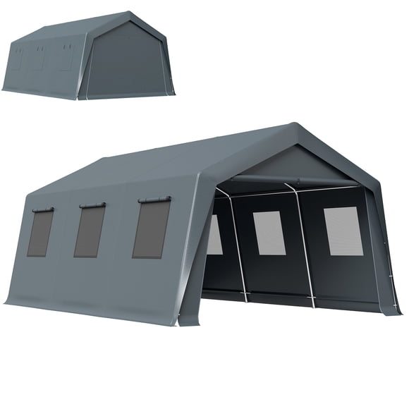 Outsunny Abri d'Auto 20 x 13 Pi, Garage Portable avec Porte Enroulable et Fenêtres