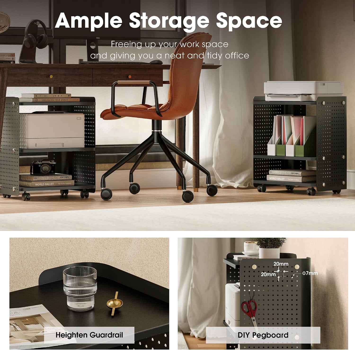 Fenge 3-Tier Rolling Printer Stand with Pegboard Storage, Black, 17.8 x 13.2 x 21.8 in