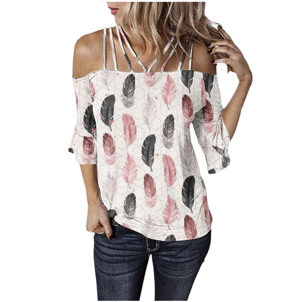 Mujeres sueltas casual 3/4 manga sin tirantes estampado blusa casual camiseta túnica tops Fridja czfsfas1635