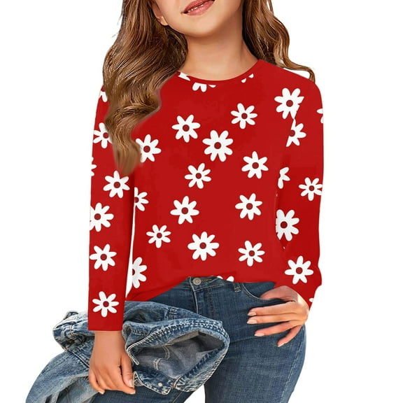 Inglocry Girls' ComfortSoft Round Neck Floral Graphic Tees Basic Long Sleeve Tee Fall Winter Tops For 5-14 Year Kids Beige 13-14Y