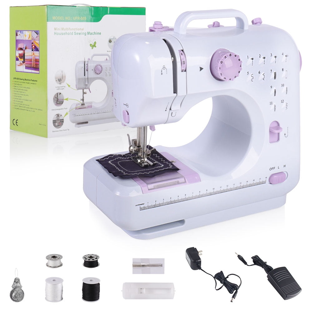 FHSM-505A Sewing Machine Two-Thread Lockstitch with High & Low Adjustable Speeds White Portable Automatic Needle Threader Household Sewing Kit 12 Built-in Stitches 