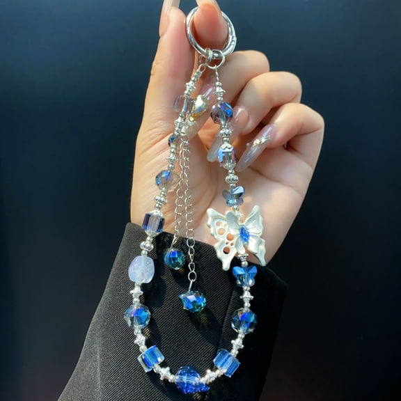 Stylish Alloy Butterfly Crystal Bead Keychain Detachable Glitter Key Pendant Colorful Phone Strap Women Girls