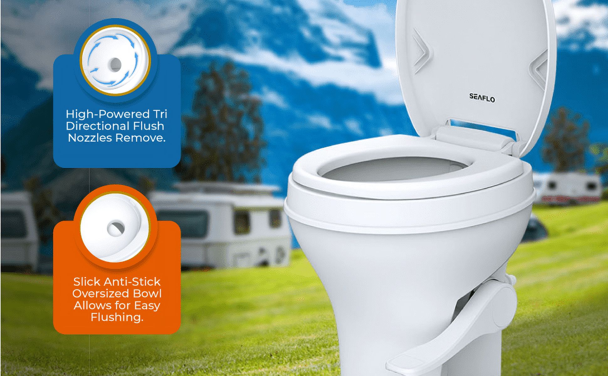 SEAFLO RV Toilet - Standard Height, Gravity Flush, Foot Pedal, Soft Close Lid (Bone Color)