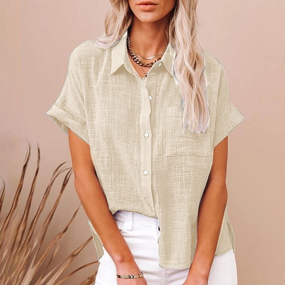 Moxiu Button Down Cotton Linen Shirts for Women Summer V Neck Roll Up Short Sleeve Blouses Casual Loose Collared Work Shirt Tops Brown,XXXXXL
