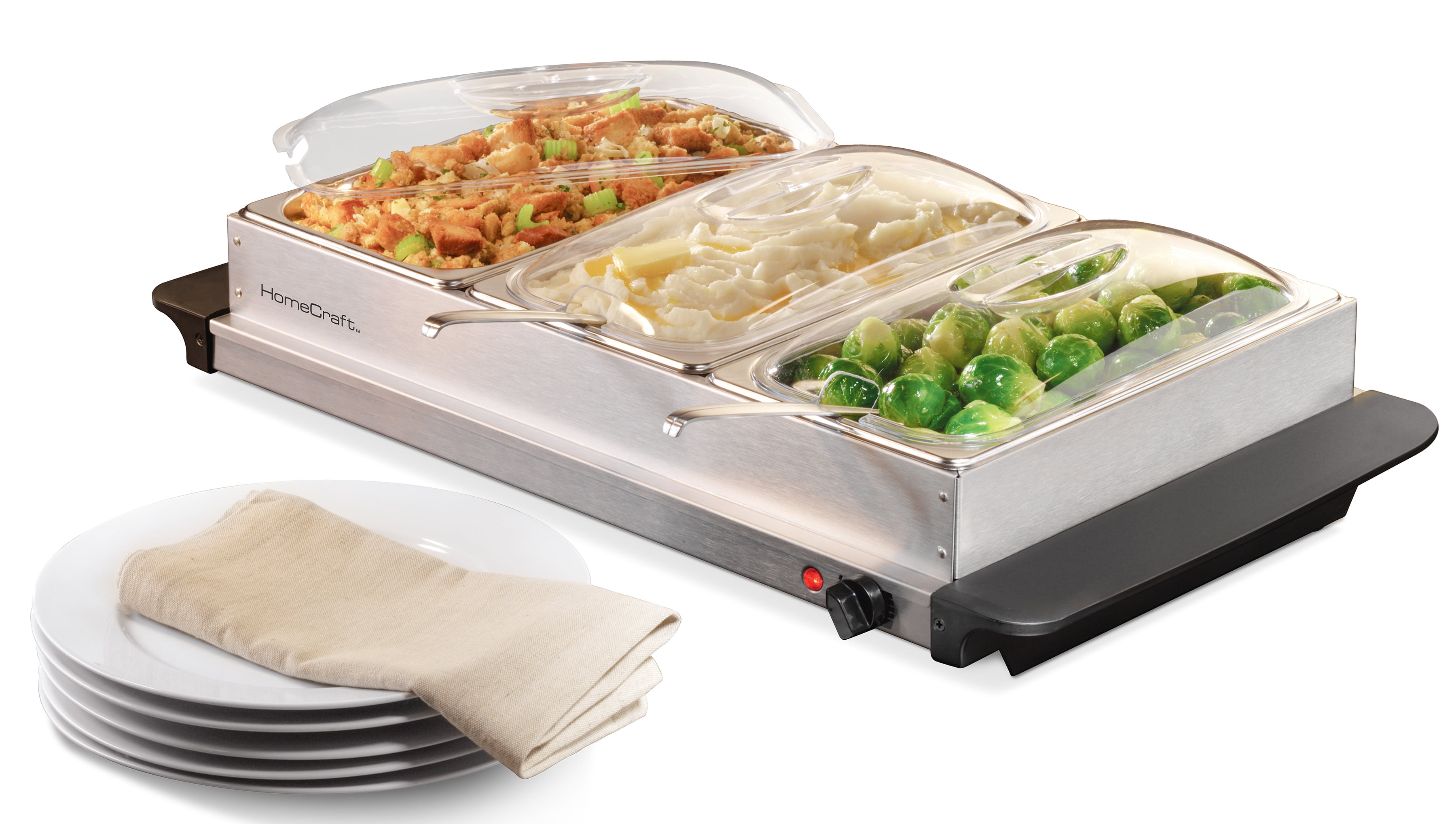 HomeCraft 2.5 qt Buffet Server Food Warmer, 3 Station Warming Tray