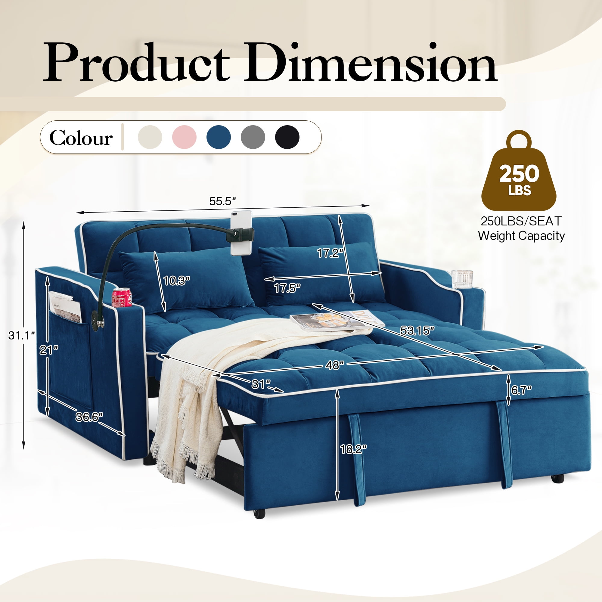 Dinosisco 4-in-1 Convertible Pull Out Sofa Bed, Loveseat Sleeper with Phone Stand, USB, Blue Velvet