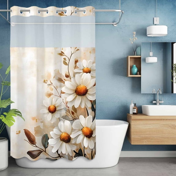 No Hook Shower Curtain with Snap in Liner, Vintage Idyllic Flower Waterproof Fabric Bathroom Curtain Mesh Top Window, White Daisy Floral Art Shower Curtains 36x72in