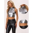 thumbnail image 2 of Top corto metálico para mujer Cuello falso Cremallera frontal Sin mangas Holográfico Sparkle Party Negro Plata L, 2 of 6