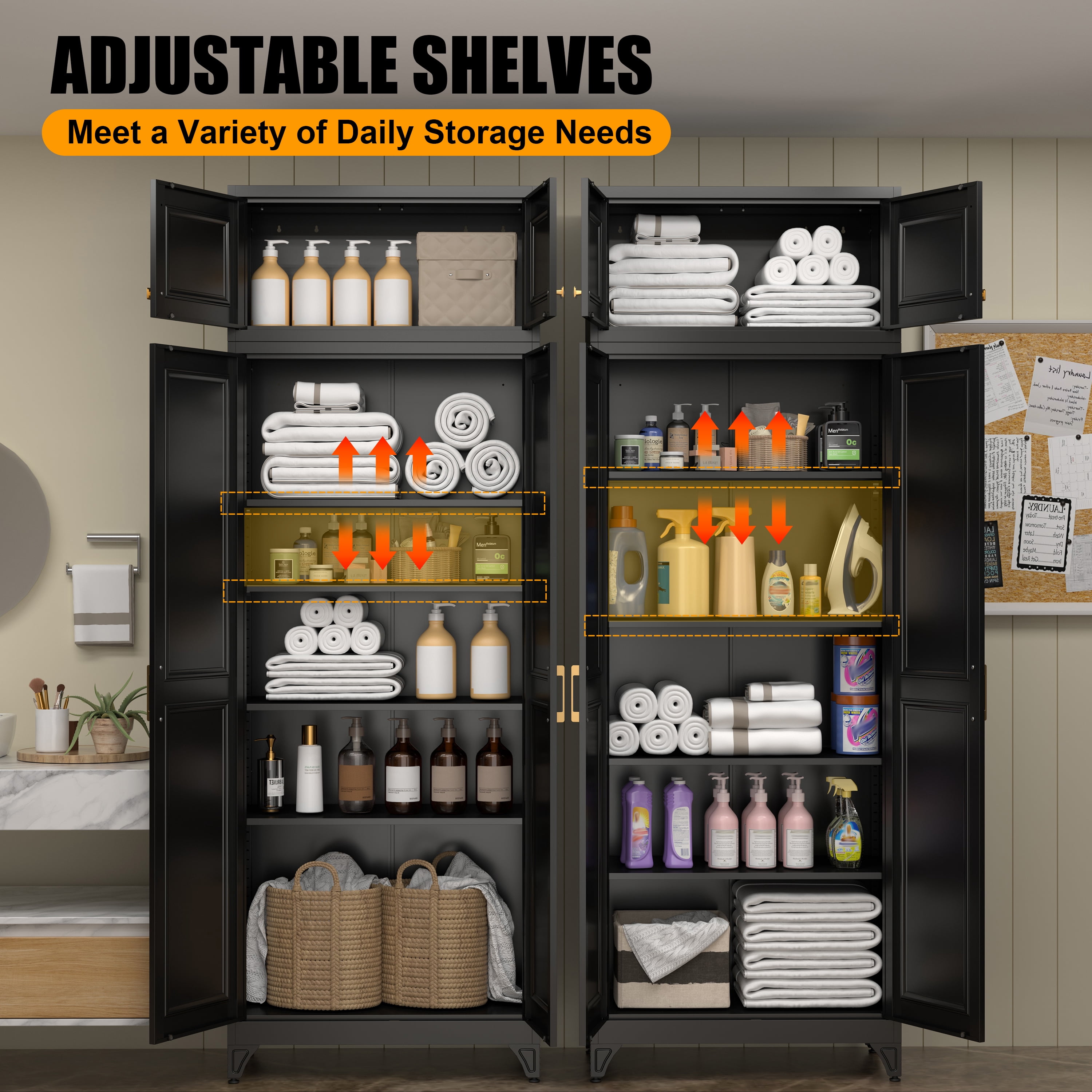 SteeLoong 90"H Black Modern Metal Pantry Storage Cabinet with Doors and 4 Adjustable Shelves for Living Room Kitchen and Home