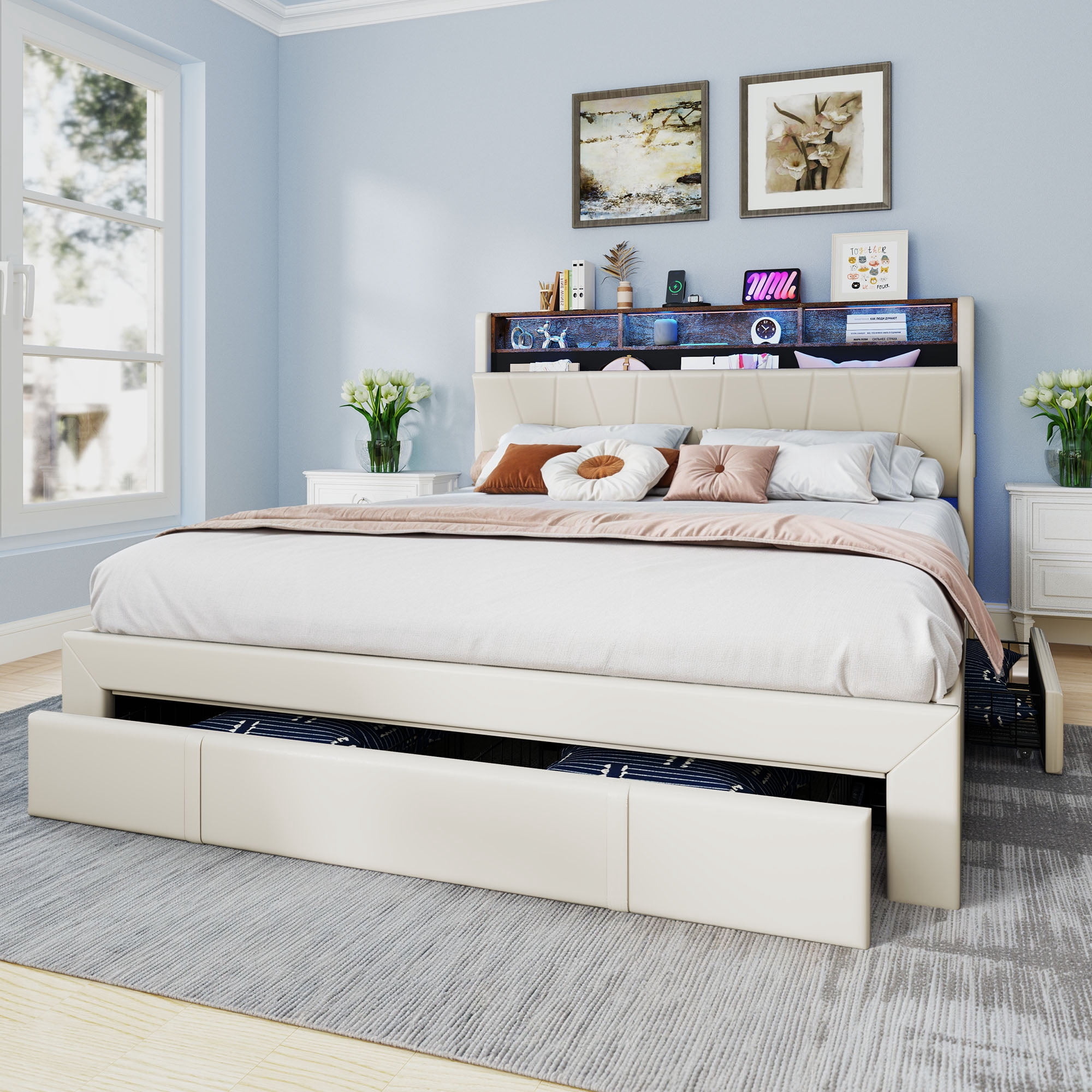 ModFusion King Size Upholstered Bed Frame with Velvet Headboard & Footboard, Built-in Storage, RGB Light Strip, Power Outlets, Beige