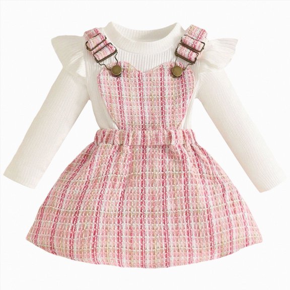 Toddler Kids Baby Girl Fall Winter Clothes Ruffle Long Sleeve Ribbed T Shirt Top Suspender Skirts 2Pcs Outfits 9-12 Months