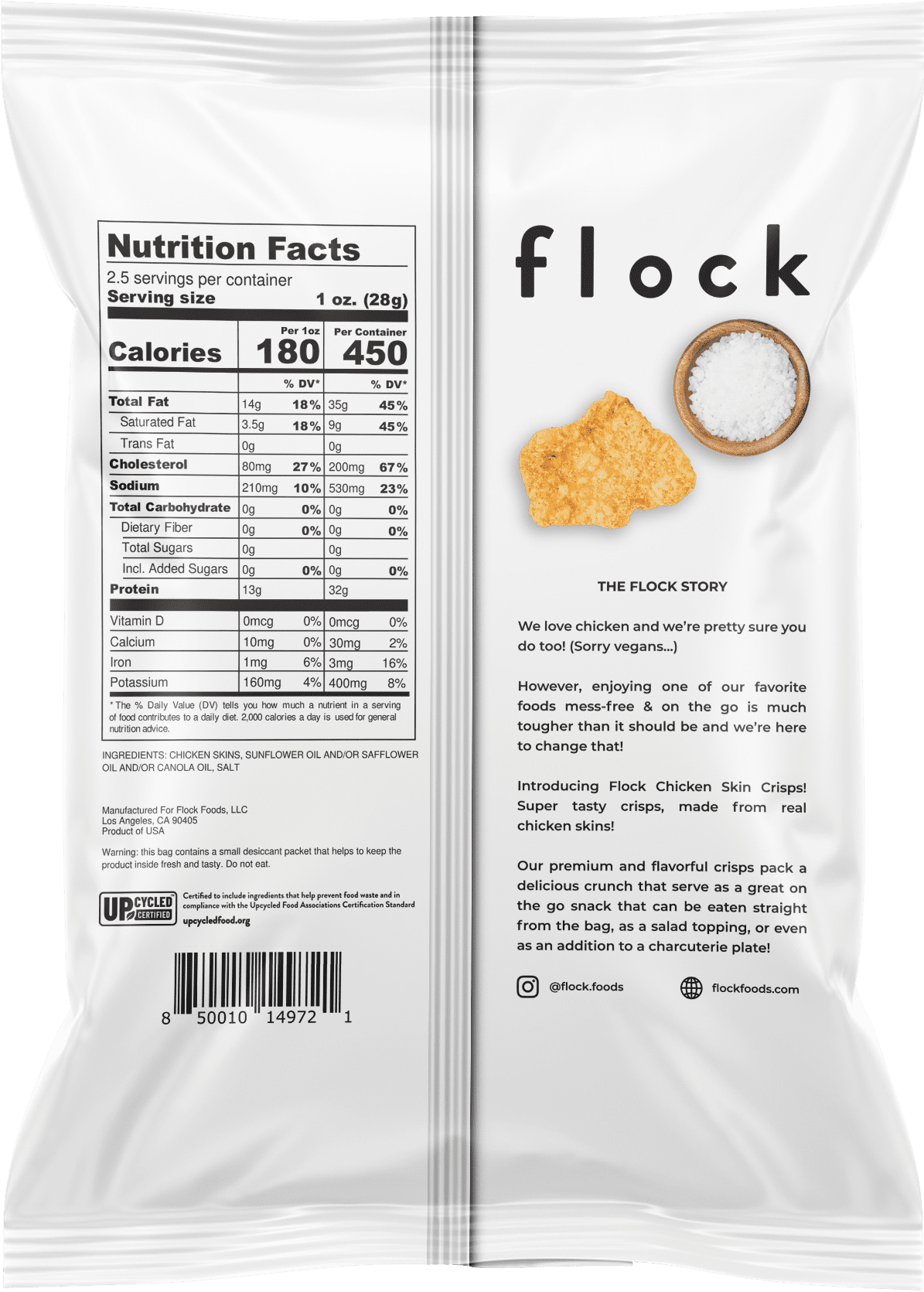 Flock Original Chicken Skin Crisps, 2.5 oz - High Protein Snack Chips