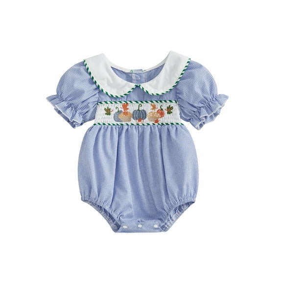 Rovasas Baby Girls Romper, Short Sleeve Plaid Embroidery Pumpkin Bodysuit