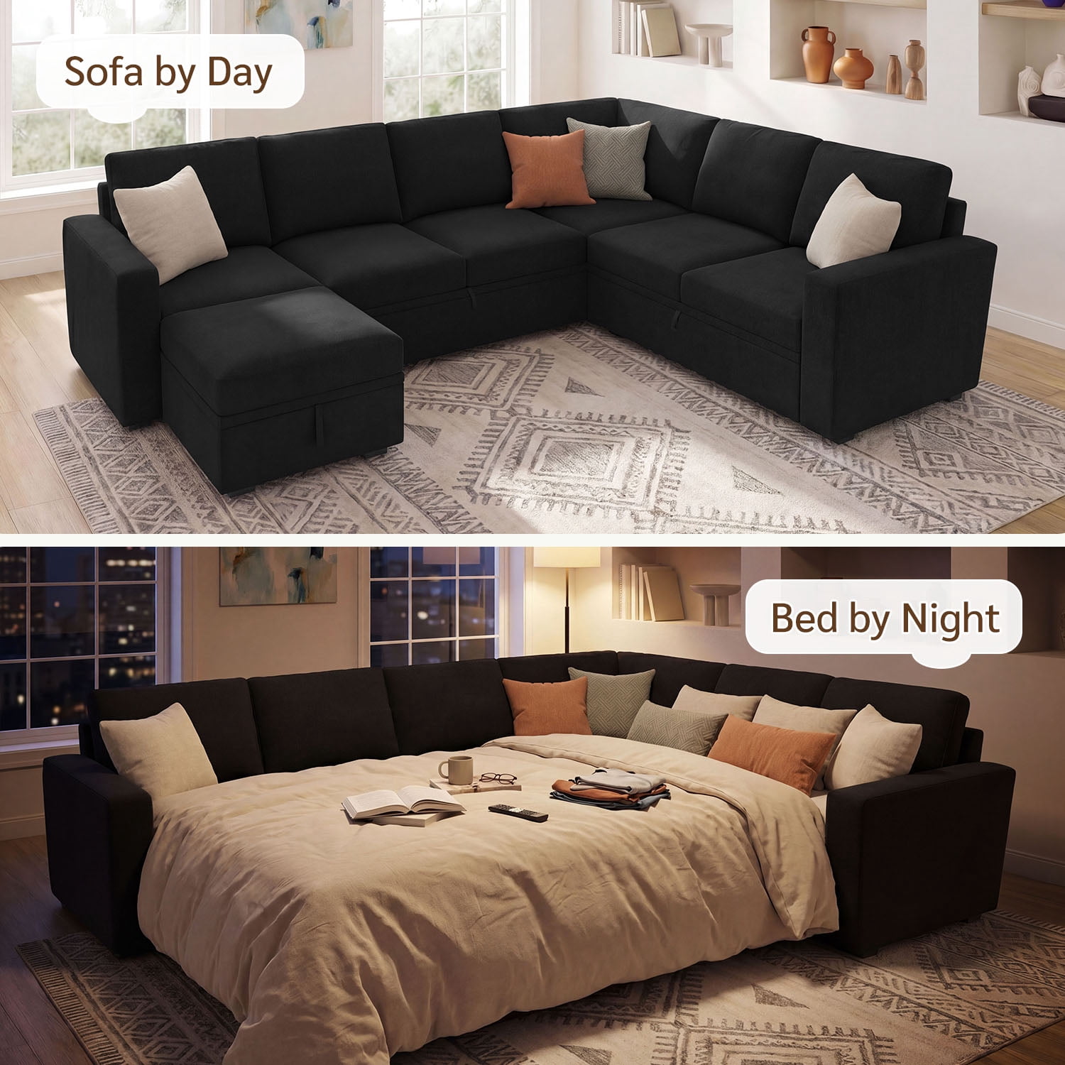 Marrber Modular Sleeper Sectional Sofa Couch Pull Out Couch for Living Room, Black