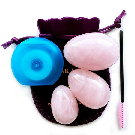 Rose Quartz Yoni Eggs Set of 3, Predrilled, with Unwaxed String, Cleaning Brush, Certificates and Instructions, for Kegels to Gain Better Bladder Control and Incontinence Improvement, Polar