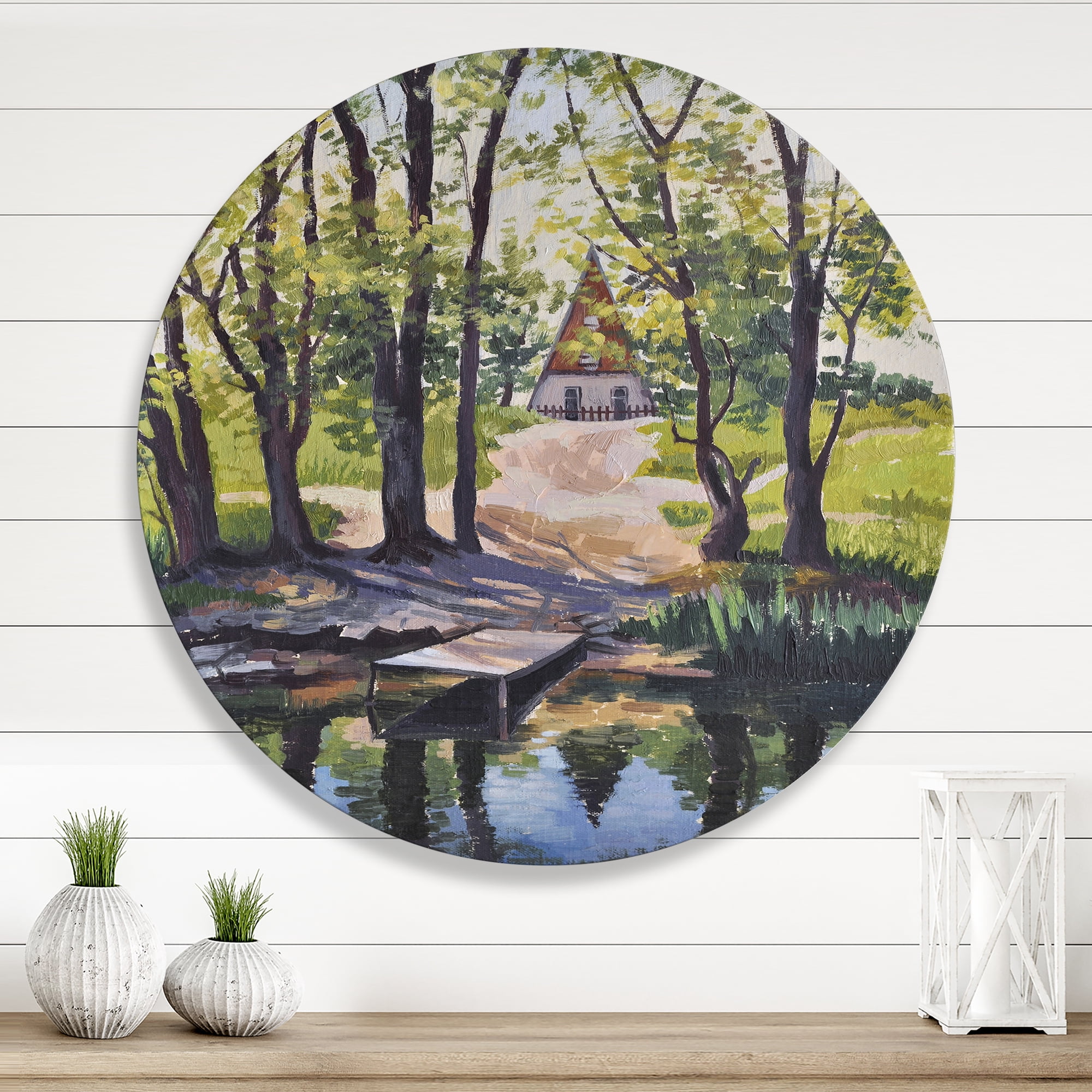 Designart 'Mysterious Countryside House By The River In The Woods' Lake House Circle Metal Wall Art 11x11 - Disc of 11