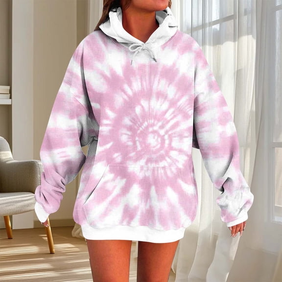 AUNVITO Women's Tie-Dye Loose Fit Longline Hooded Sweatshirt with Pockets, Long Sleeve Casual Streetwear Fashion