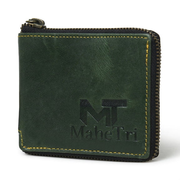 MaheTri Genuine Leather Bifold Zipper Wallet for Men, Travel Purse Pouch Gift, Green