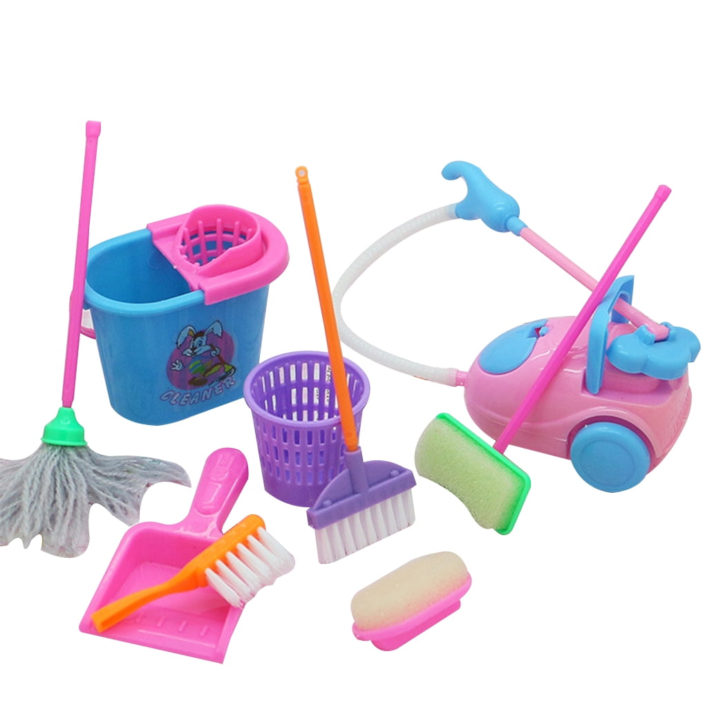 9Pcs Kids Play House Pretend Cleaning Bucket Dustpan Brush Mop Toys Set UK Nice 