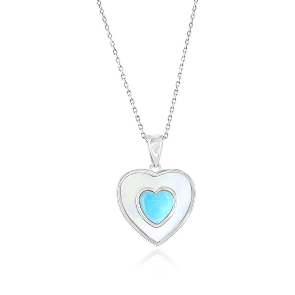 Beaux Bijoux Sterling Silver Blue Larimar & Mother of Pearl Necklace for Women - Natural Larimar Jewelry - Beautiful Blue Larimar Stones - Heart Larimar Necklace for Women